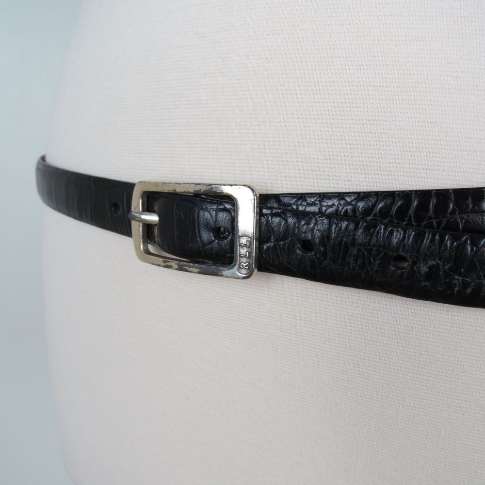 LAUREN RALPH LAUREN Women's Black Embossed Leather Belt with Silver Buckle L
